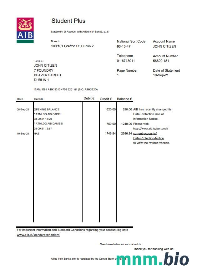 Ireland AIB wzór wyciągu bankowego w formacie Word i PDF